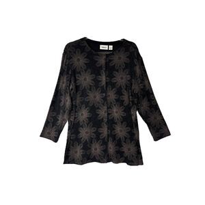 Chico's Travelers Glitter Floral Jacket Sz 2 L 12/14 Black Metallic Snap Front